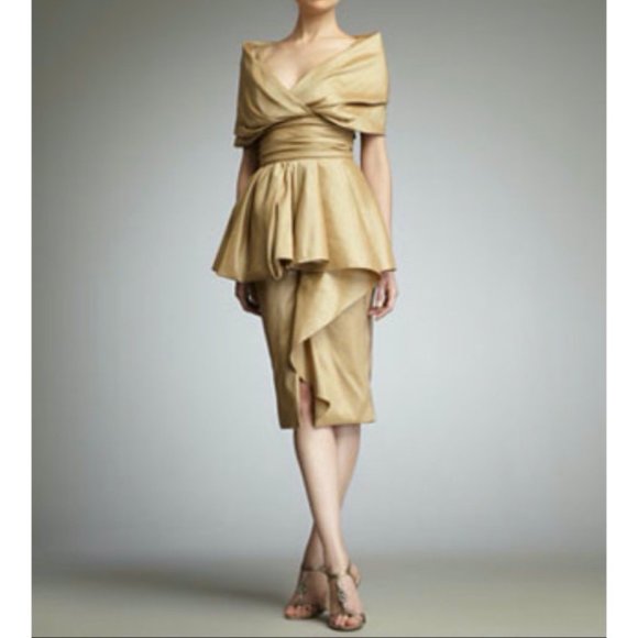 Badgley Mischka Dresses & Skirts - Badgley Mischka Gold Peplum Dress Portrait Collar